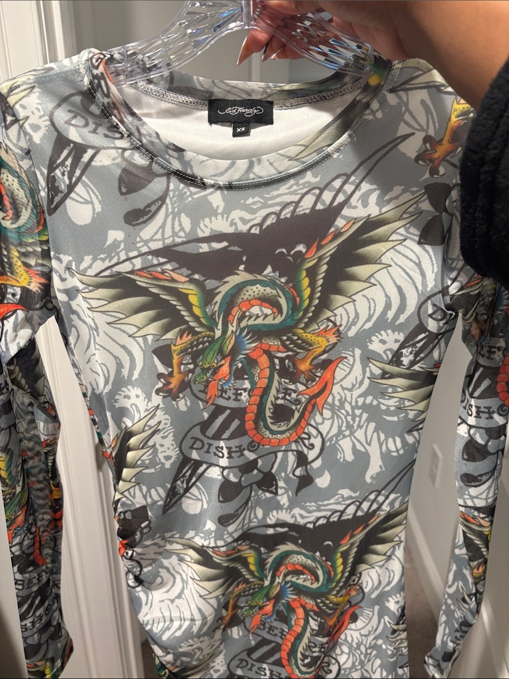 Ed Hardy Gray Long Sleeve Top with Multicolor Dragon Print